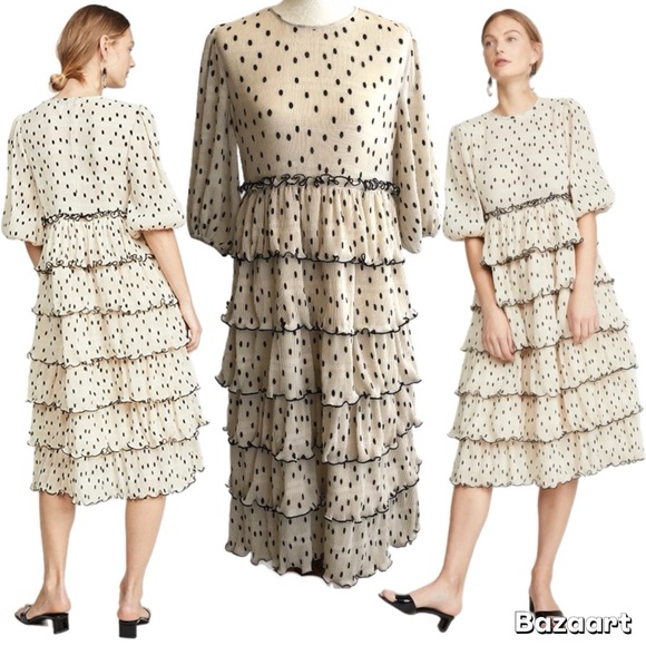 Ganni Dresses & Skirts - GANNI Lowell Tiered Polka Dot Plisse Beige & Black Midi Dress conservative pleat